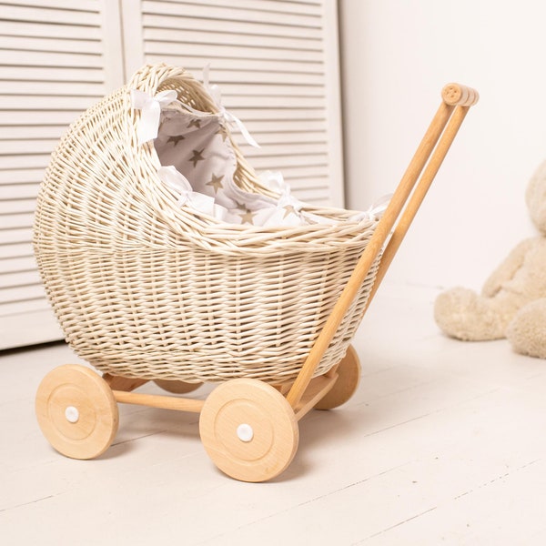 wicker doll pram, wicker doll carriage baby, 1st birthday gift, baby girl gift, montessori toys stroller, doll stroller, baby doll pram