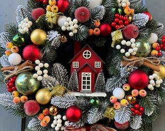 Corona navideña de frutos rojos, decoración navideña para puerta de entrada, 19 pulgadas