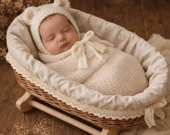 Cesto para fotos de recém-nascidos, bercinho de vime, cesto Moisés para fotografia, acessório neutro para bebês, cesto de bebê feito à mão