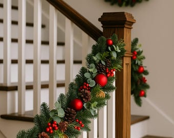 Christmas Staircase Garland: Holiday Pine, Red Berries & Warm Lights