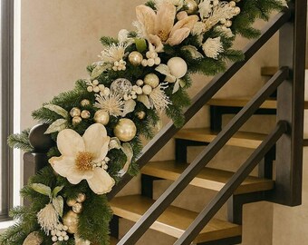 Christmas Fireplace Garland, Poinsettias, Pine Cones, Berries