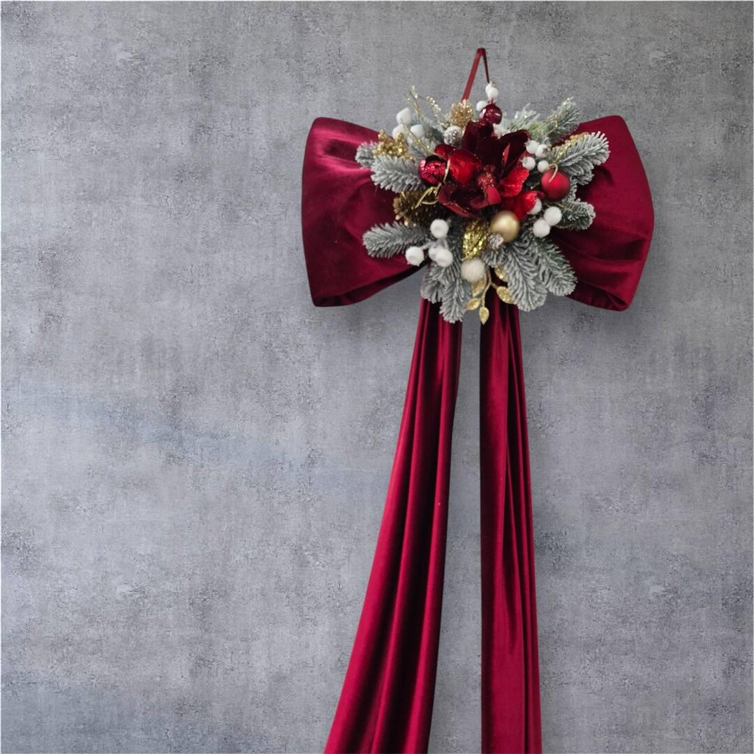 Large Velvet Christmas Tree Topper Bow With Long Tails – Burgundy / Red ...