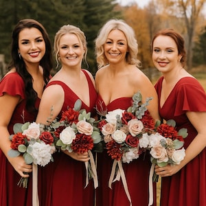 Burgundy and ivory bridal bouquet, red bridal bouquet, artificial wedding bouquet, fake flower corsage, pocket boutonniere