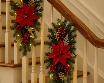 Christmas Staircase Garland: Poinsettia, Pine Cones & Berries