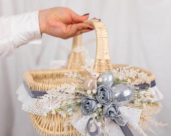 Cesta de Pascua de mimbre, cesta de Pascua, cesta de Pascua con forma de conejito, cesta de huevos de Pascua, cesta de Pascua grande para niños, cesta para niña de las flores, decoración de conejito de Pascua