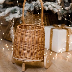 winkelwagen, rieten speelgoedkar, rieten mand, babytrolley, 1e verjaardagscadeau, handgemaakte rieten trolley, rieten speelgoedtrolley, poppenwagen