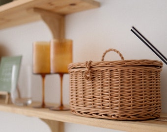 Panier de rangement en osier fait main avec couvercle : organisateur de cuisine tissé