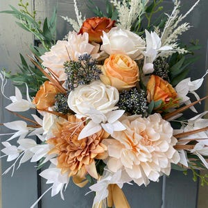 Burnt orange and ivory bouquet, fall wedding bouquet, fake flowers bride bouquet, wedding bouquet set, groom boutonniere