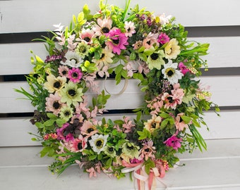 Сolorful summer front door sign, artificial flowers and greenery wreath, farmhouse decor, all season wreath