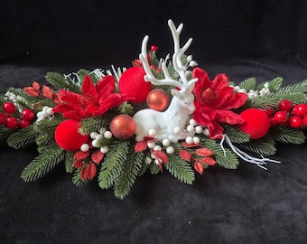 Christmas Centerpiece with Reindeer | Holiday Table Decoration | Red & White Festive Arrangement