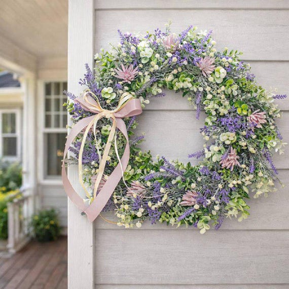 Lavendel Frühlingskranz | Pastell Blumen Bauernhaus Tür Dekor