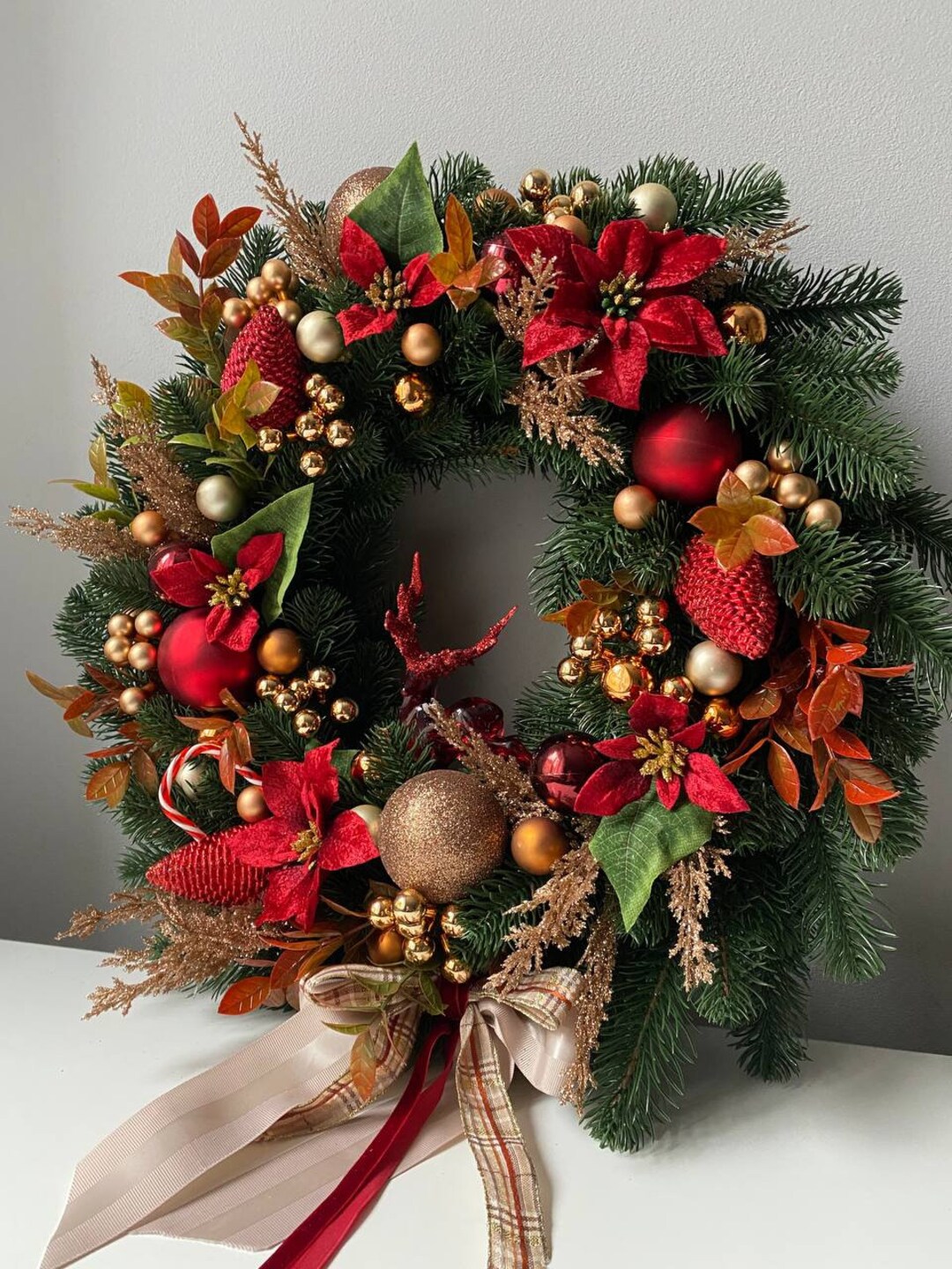 Red Xmas Wreath, Red Christmas Wreath for Front Door, Elegant Holiday