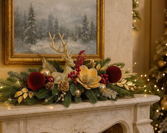 Christmas Mantel Garland | Golden Reindeer, Velvet Ornaments