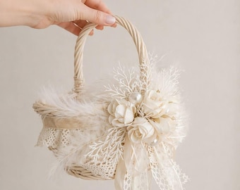 White Wicker Flower Girl Basket: Wedding Decor Basket