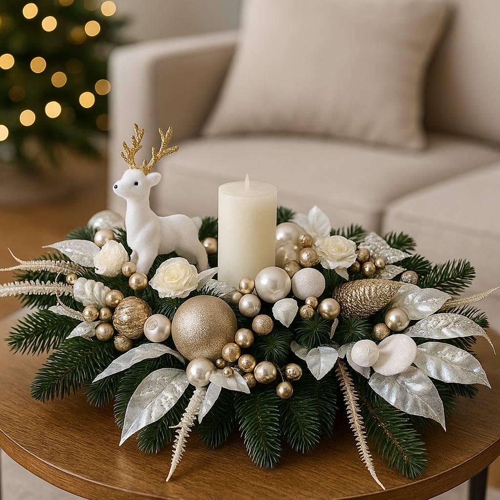 22 Christmas Table Centerpieces for a Festive Feast 19 Christmas Candle Centerpiece: Gold & White Reindeer Holiday Table…