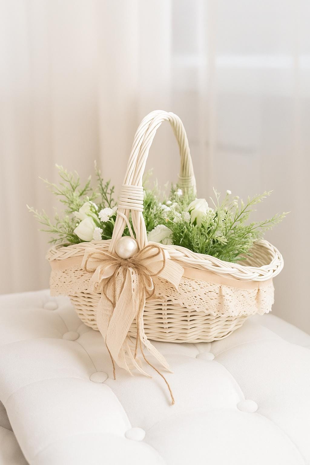 Satin-Hochzeitskorb & Ringkissen Set – Weiß/elfenbein, Mit Kirschen-Schleife, Für Blumenmädchen & Ringträger