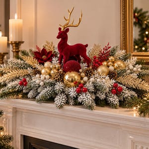 May include: A holiday centerpiece featuring a red velvet reindeer with gold antlers, surrounded by flocked pine branches, gold and red ornaments, red berries, and pinecones. The arrangement is accented with gold fern-like foliage and white berries.