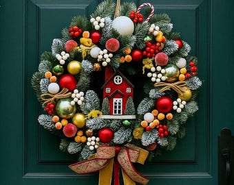 Corona navideña de frutos rojos: elegante decoración navideña para la puerta