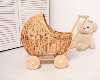 wicker carriage for baby, wicker basket, stroller, 1st birthday gift, baby girl gift, toy storage, wooden toys, doll accessories, doll pram