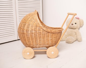 carro de mimbre para bebé, cesta de mimbre, cochecito, regalo de 1er cumpleaños, regalo de niña, almacenamiento de juguetes, juguetes de madera, accesorios para muñecas, cochecito de muñecas