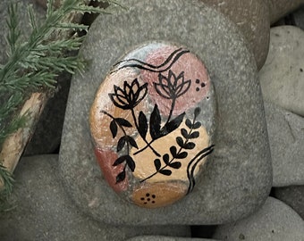 Boho Painted Rock, Kindness Rock, Metallic, Flowers, Leaves