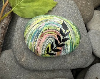 Abstract Rainbow Painted Rock, Botanical Leaves, Kindness Stone