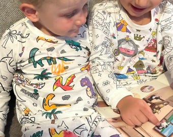 Kids Colour-In Cotton Pyjamas: Dinosaur or Unicorn, Fabric Pens Included