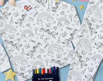 Barnpyjamas med färgläggningsmotiv och tygpennor – Personlig färgläggningsaktivitet | Färglägg dina egna enhörningspyjamasar för pojkar och flickor