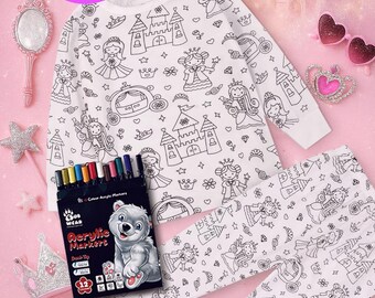 Kids Colour-In Princess Pyjamas with Fabric Pens – Personalised Colouring Activity Gift | Colour Your Own Princess PJs for Girls