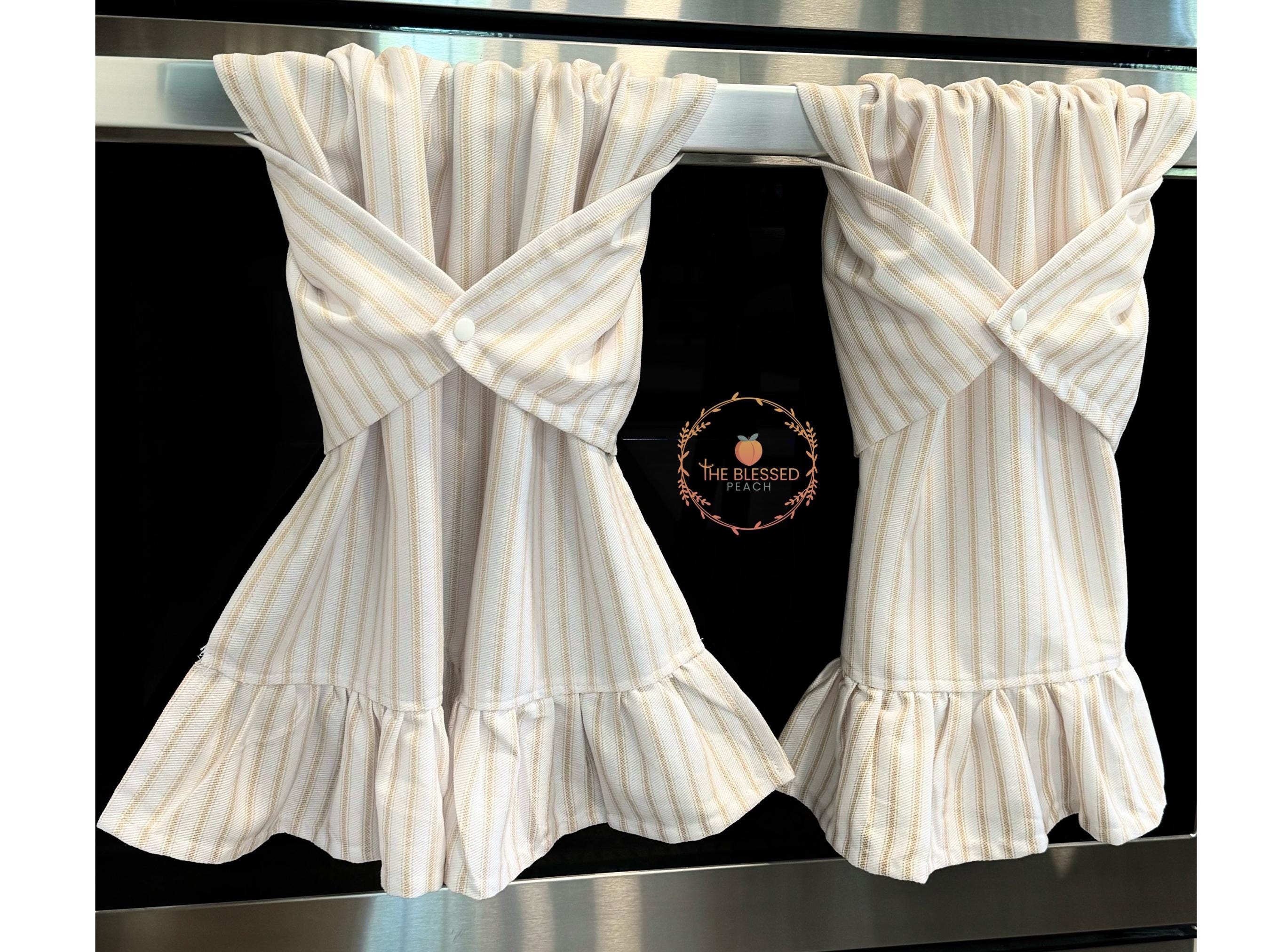 Neutral ticking stripe kitchen towels with ruffle, stay put towel, dish drying towel, oven/stove handle towel, farmhouse kitchen dish towel