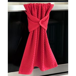 Red hanging hand towel, stay put towel, dish drying towel, oven/stove handle towel, towel that stays in place, solid red kitchen towel