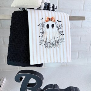 Ghost kitchen towel set, towel for oven/stove handle, ticking stripe tea towel, Halloween kitchen towel with ghost, spooky cute ghost decor image 5