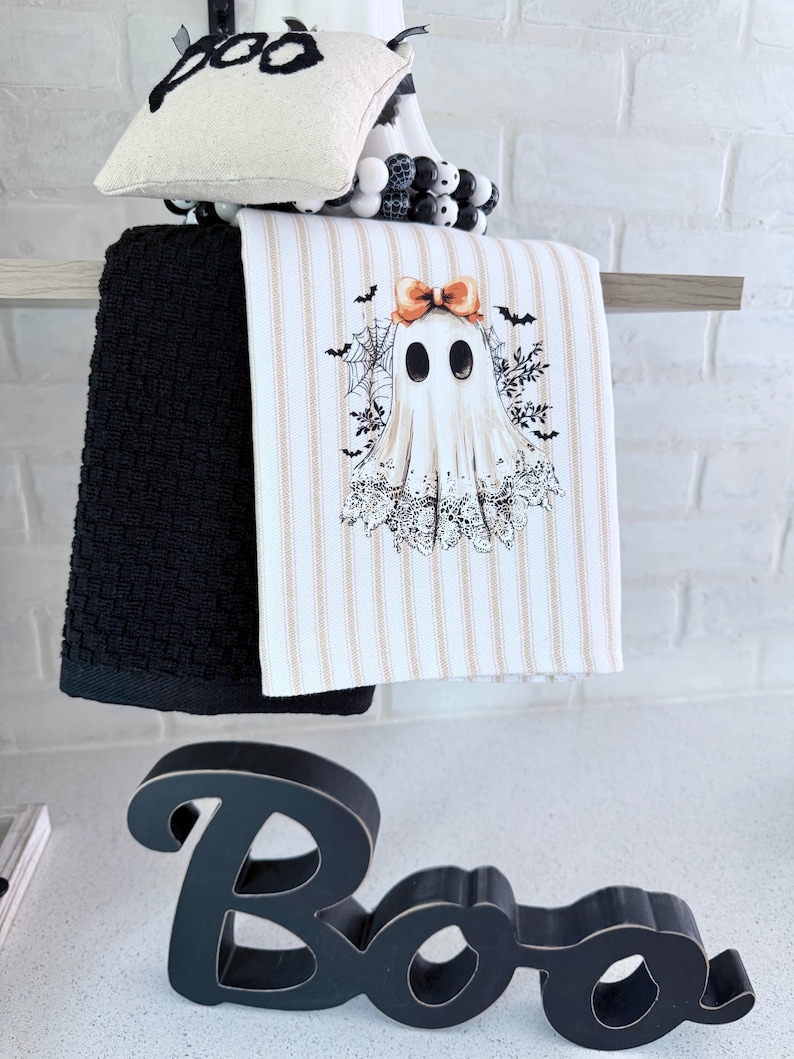 Ghost kitchen towel set, towel for oven/stove handle, ticking stripe tea towel, Halloween kitchen towel with ghost, spooky cute ghost decor image 5