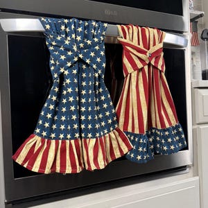 Juego de toallas de cocina patrióticas, paños de cocina con volantes rojos, blancos y azules, decoración americana para el hogar, toallas antideslizantes para la puerta del horno, toallas colgantes con volantes.