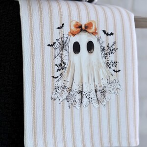 Ghost kitchen towel set, towel for oven/stove handle, ticking stripe tea towel, Halloween kitchen towel with ghost, spooky cute ghost decor image 11