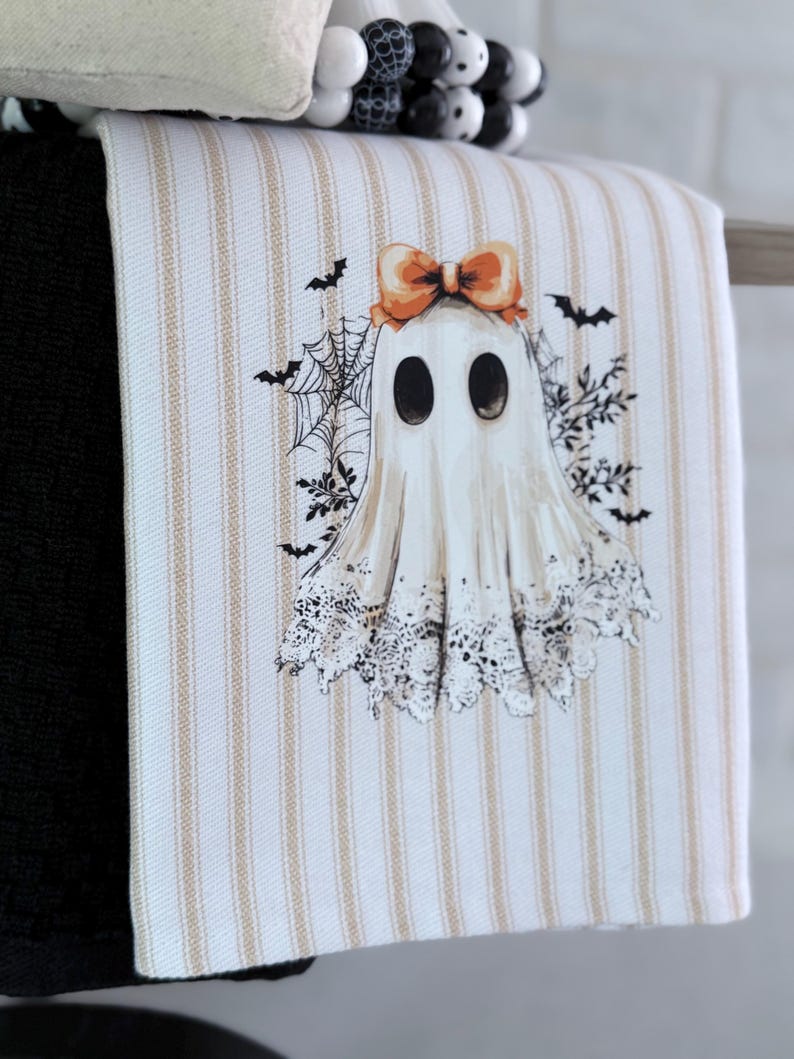 Ghost kitchen towel set, towel for oven/stove handle, ticking stripe tea towel, Halloween kitchen towel with ghost, spooky cute ghost decor image 11