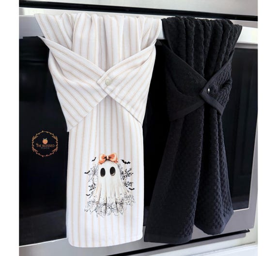 Ghost kitchen towel set, towel for oven/stove handle, ticking stripe tea towel, Halloween kitchen towel with ghost, spooky cute ghost decor