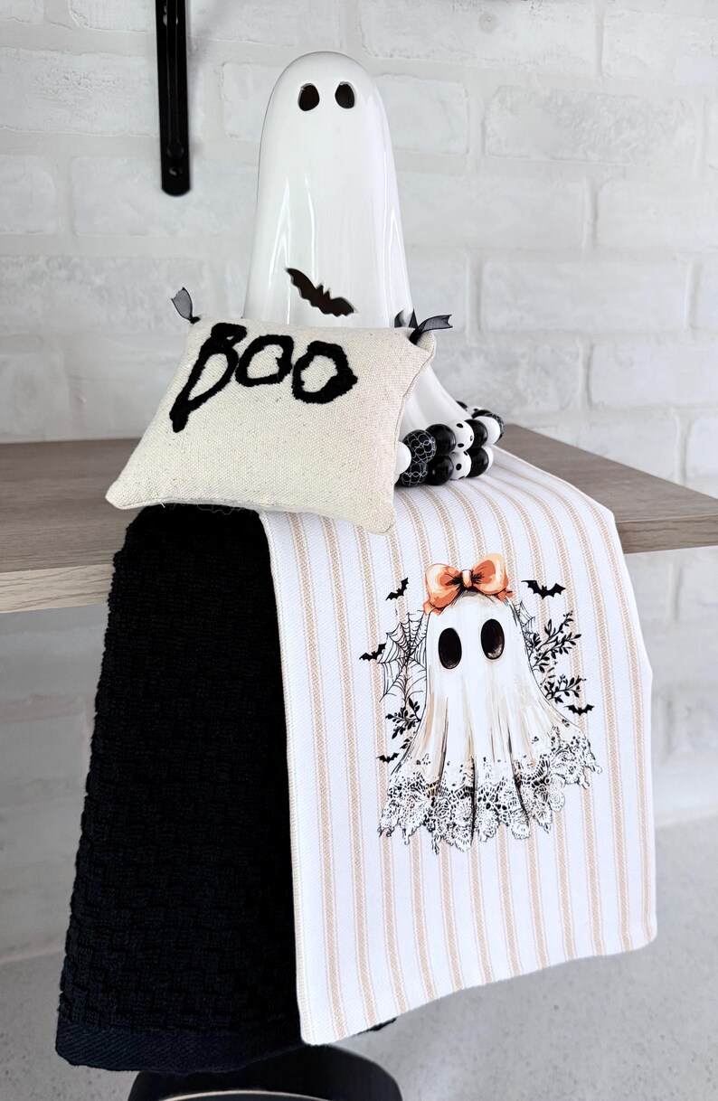 Ghost kitchen towel set, towel for oven/stove handle, ticking stripe tea towel, Halloween kitchen towel with ghost, spooky cute ghost decor image 13