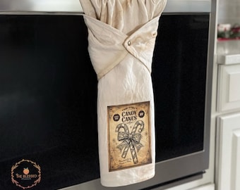 Vintage Inspired Christmas Kitchen Towel: Farmhouse Candy Cane Decor, neutral Christmas kitchen, hostess/host holiday gift