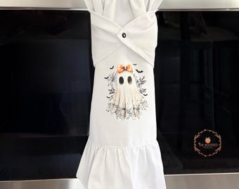 Halloween Ghost Tea Towel: cute Halloween Kitchen Decor, tea towel with ruffle, towel that stays in place, decorative fall towel