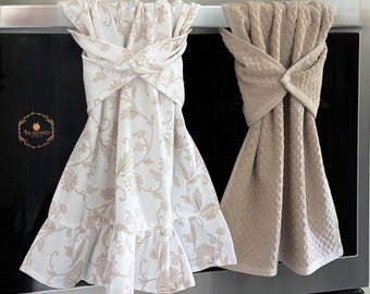 Floral Ruffle Kitchen Towel: Tan Neutral Farmhouse Dish Towel set, neutral kitchen decor, kitchen towel with ruffles