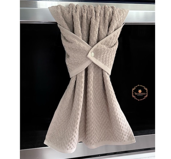 Tan hanging hand towel, stay put dish towel, beige dish towel, oven/stove handle towel, towel that stays in place, solid brown kitchen towel