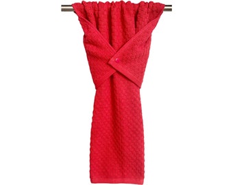 Red hanging hand towel, stay put towel, dish drying towel, oven/stove handle towel, towel that stays in place, solid red kitchen towel