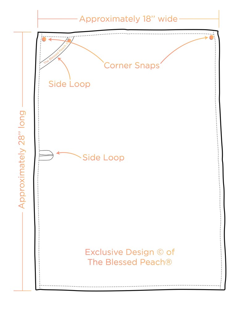 May include: White rectangular fabric with black trim, approximately 28 inches long and 18 inches wide. Features corner snaps and side loops. Text reads "Exclusive Design &copy; of The Blessed Peach&reg;".