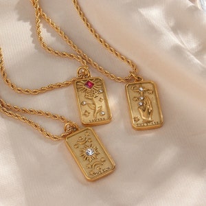 Dainty Tarot Card Necklace   18k Gold Plated. Sun. Stars. Lovers. Manifestation Pendant