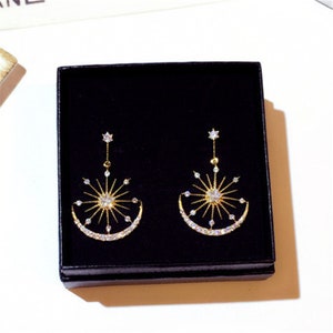 Celestial Moon and Star Stunning Drop Earrings, Sparkling Celestial Starburst Gold or Silver