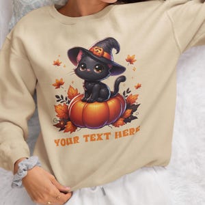 Personalized Halloween Black Cat Sweatshirt, Cute Halloween Black Cat Sweatshirts, Spooky Pumpkin Halloween Shirt Crewneck Pullover Sweater,