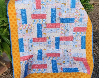 Circus rail fence. Handmade patchwork cot quilt, playmat, baby shower gift
