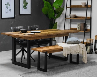 Tulsa 140Cm - 180Cm Extending Reclaimed Wood Dining Table And Bench Package Deal - Black Metal U Leg