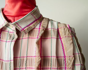 Vintage 80's check oversize wide sleeve blouse for women